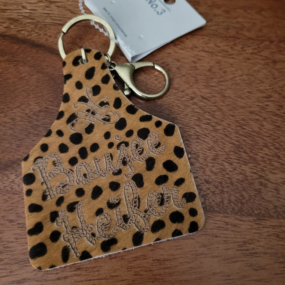 Cow Ear Tag Keychain or Purse Charm Leopard Print